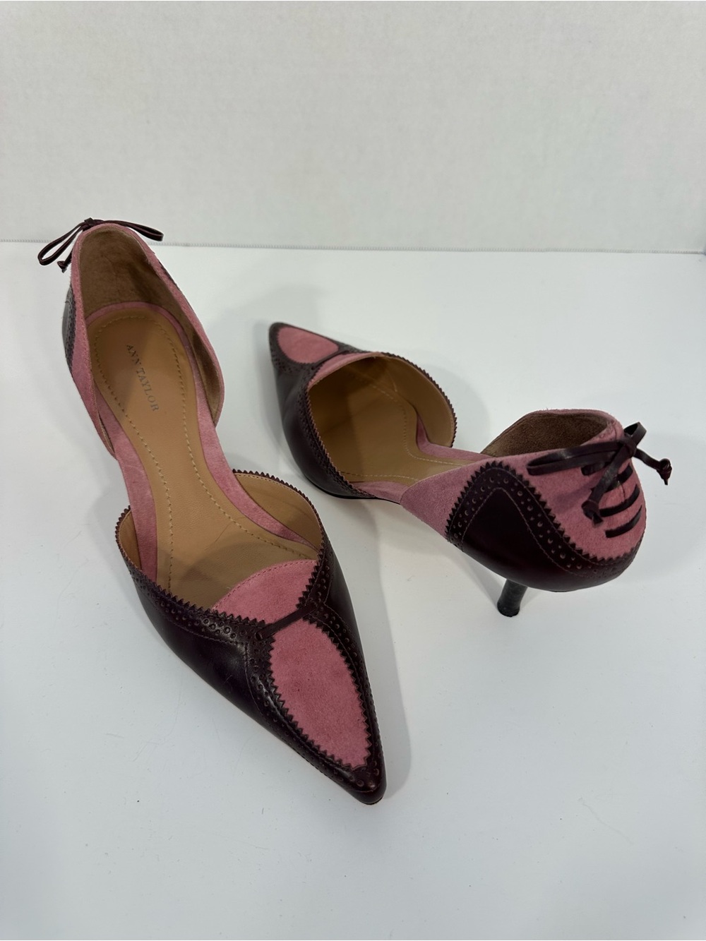 Ann Taylor Pink and Burgundy Pointed D'Orsay Kitten Heels with Back Tie Detail